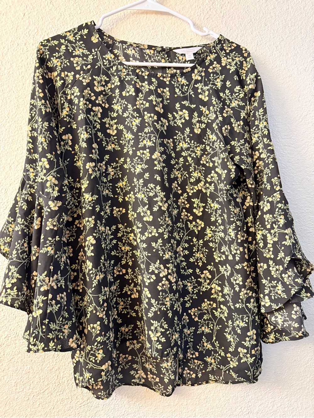 LC Lauren Conrad Black Blouse with Pale Yellow Floral Print